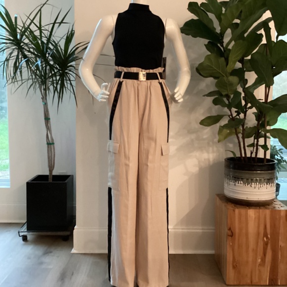 NWT MISSGUIDED TALL SIDE STRIPE TAN & BLACK WIDE LEG CARGO PANTS TROUSERS EU 38 - Picture 2 of 16